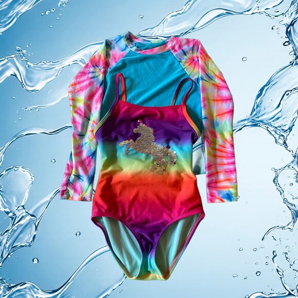 Rainbow Unicorn Swimsuit size 4/5 & Rashguard - Picture 2 of 2